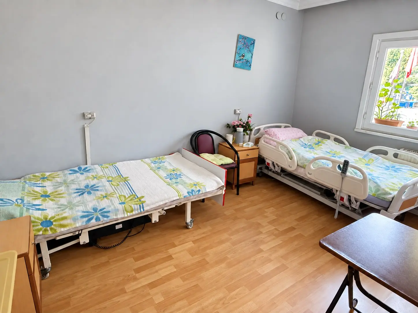 Biri motorlu hasta karyolası olan iki yataklı, pencereli ve çiçekli aydınlık oda